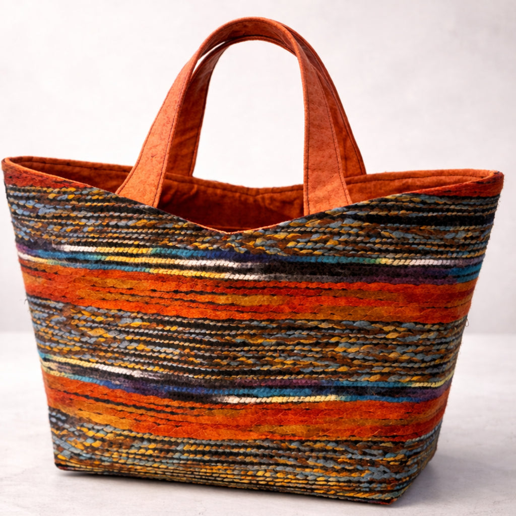 Handgemachte Vienna Loom Tote Bag Small aus gewebtem Wollstoff mit horizontalen Streifen in warmen Farben, gefertigt in Wien