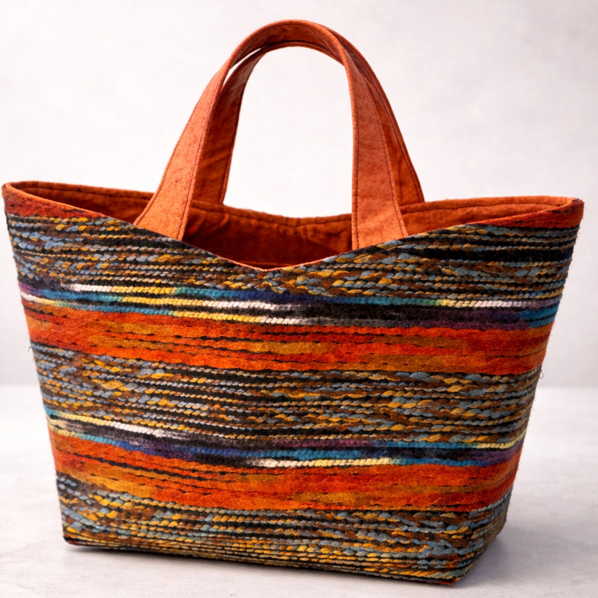 Handgemachte Vienna Loom Tote Bag Small aus gewebtem Wollstoff mit horizontalen Streifen in warmen Farben, gefertigt in Wien