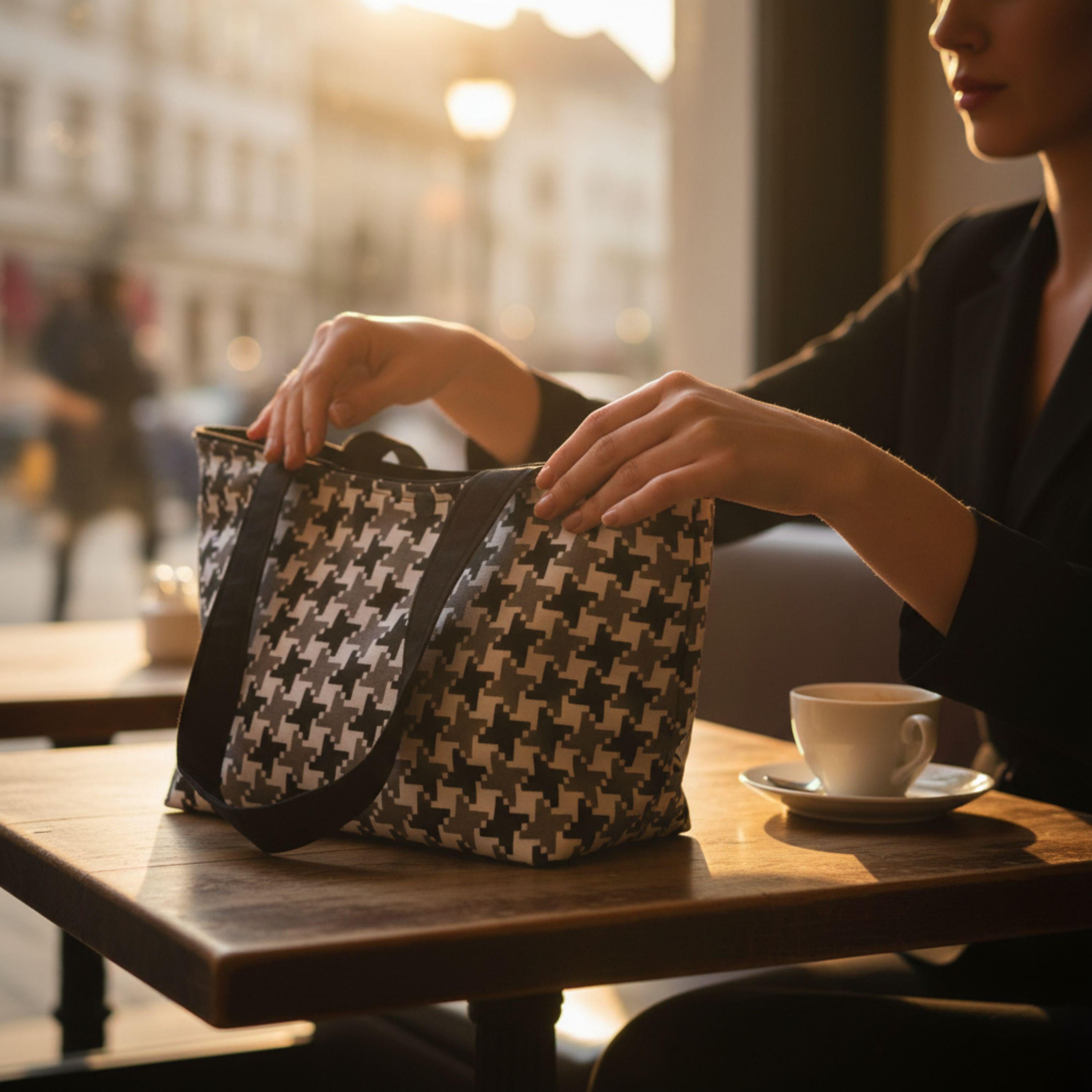 Old Money Tote – Schwarz, Grau & Hahnentritt