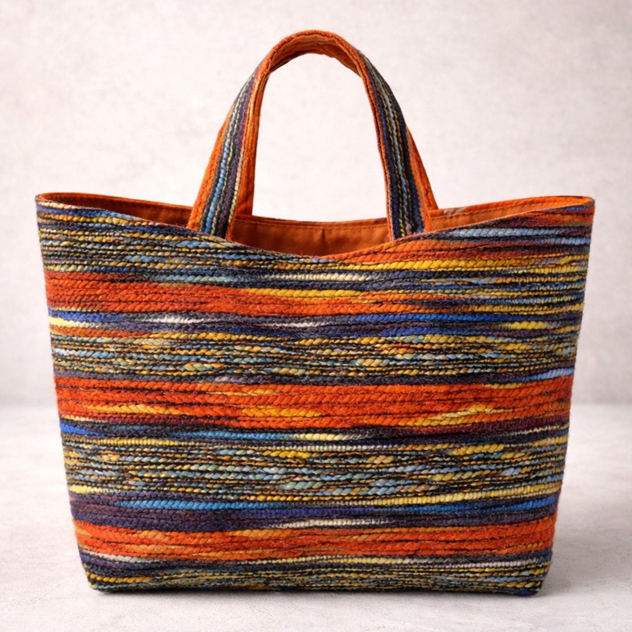 Handgemachte Vienna Loom Tote Bag Large aus gewebtem Wollstoff mit horizontalen Streifen in warmen Farben, gefertigt in Wien
