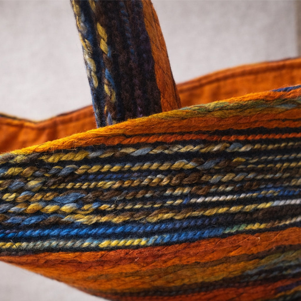 Detailaufnahme des gewebten Wollstoffs mit mehrfarbigen Garnen und sichtbarer Textur der Vienna Loom Tote