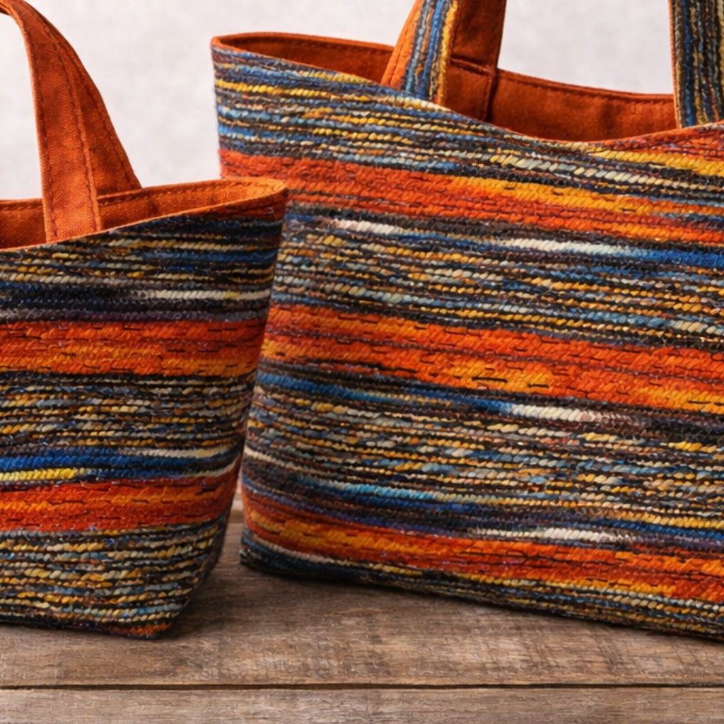 Detailaufnahme des gewebten Wollstoffs mit mehrfarbigen Garnen und sichtbarer Textur der Vienna Loom Tote