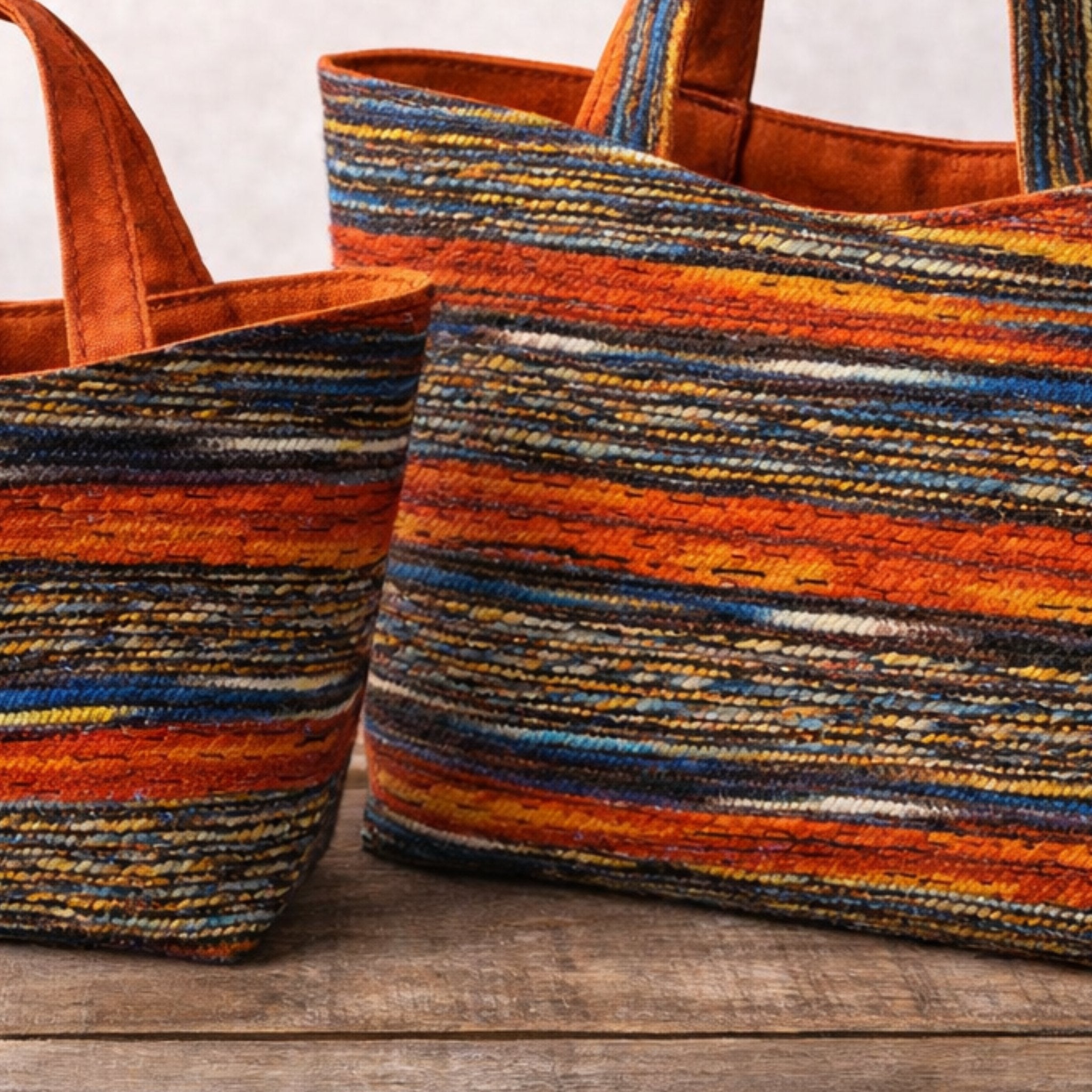 Detailaufnahme des gewebten Wollstoffs mit mehrfarbigen Garnen und sichtbarer Textur der Vienna Loom Tote