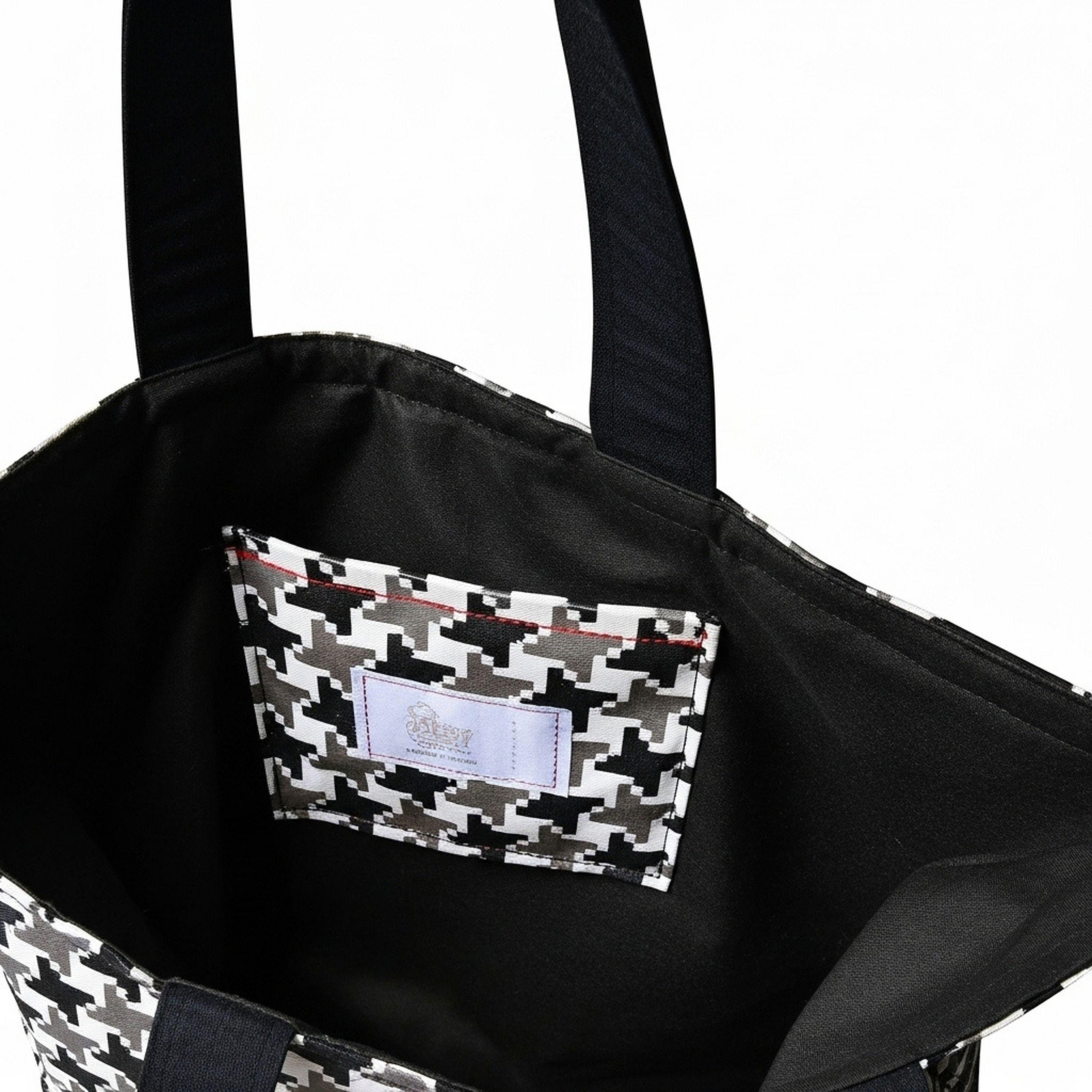 Old Money Tote – Schwarz, Grau & Hahnentritt