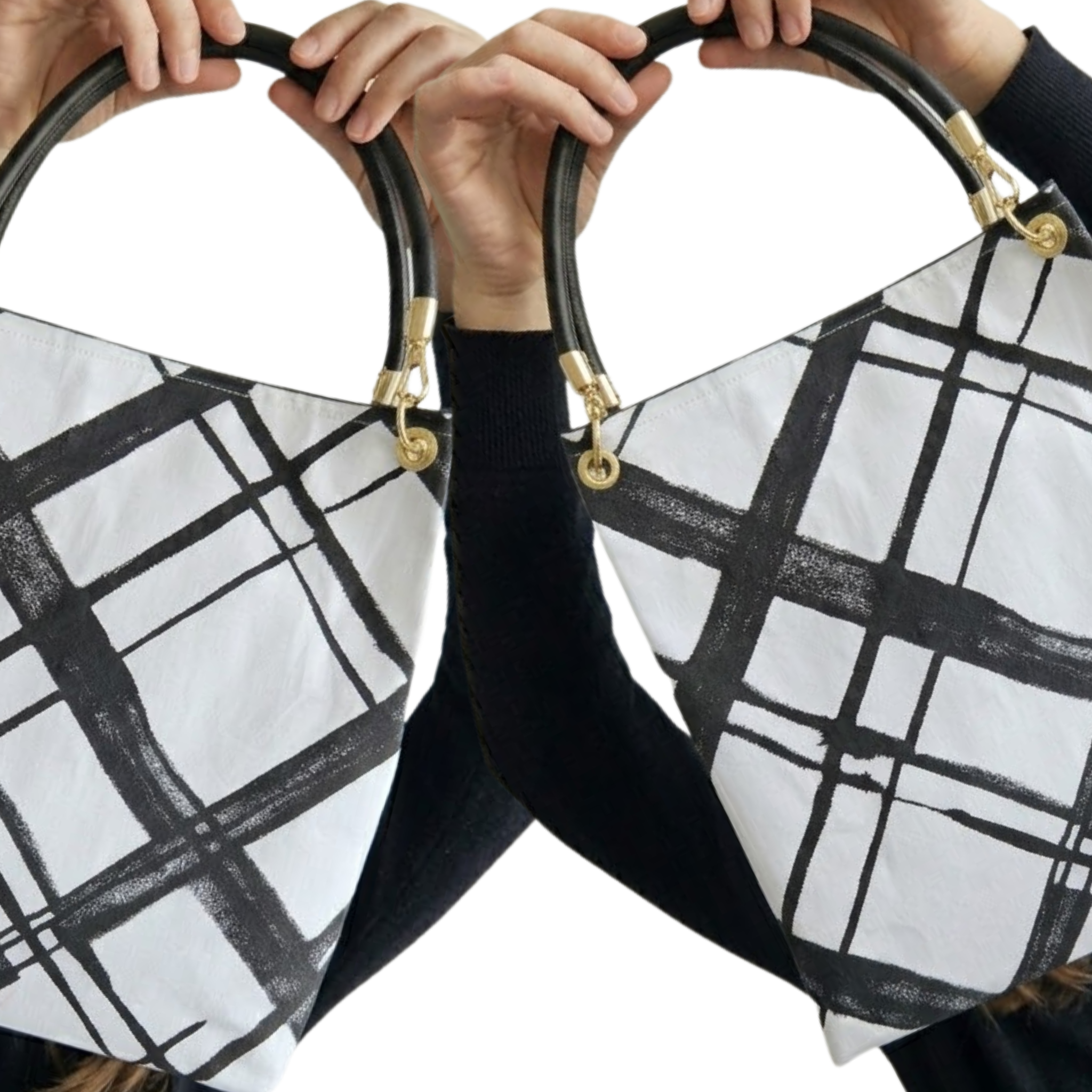 Designer Tasche aus Wien mit grafischem Schwarz-Weiß Linienmuster – nachhaltige Heritage Atelier Tasche Medium