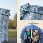 Detail einer Designer Tasche mit floralem Stoff und Rüschenstruktur – nachhaltiges Material aus Upcycling Textilien
