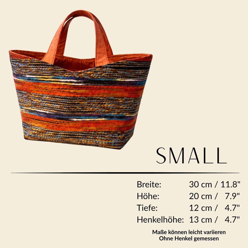 Handgemachte Wolltasche Small aus Wien mit Maßangaben – kompakte Vienna Loom Tote aus Wollstoff

