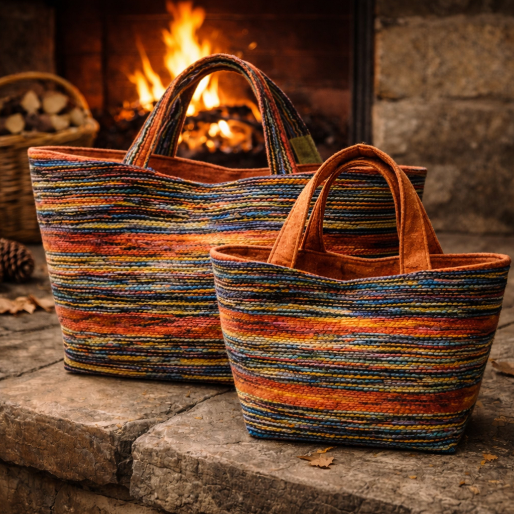 Zwei handgemachte Woll-Taschen aus Wien im warmen Licht – Vienna Wool Loom Tote in Small und Large


