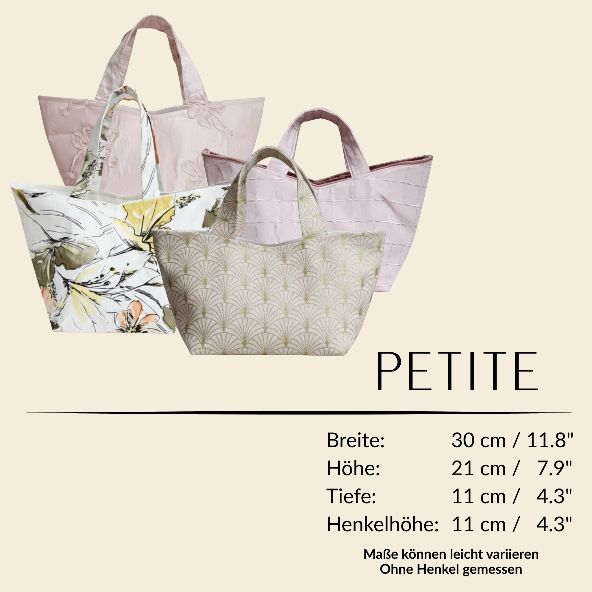 Mehrere handgemachte Stofftaschen aus Wien mit floralen Mustern – limitierte Petit Line Kollektion
Maße der handgemachten Petit Line Tote aus Wien – kompakte Stofftasche in limitierter Kleinserie


