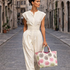 Elegante Frau trägt cremefarbene Designer Tasche mit Kreisstruktur in urbaner Umgebung

