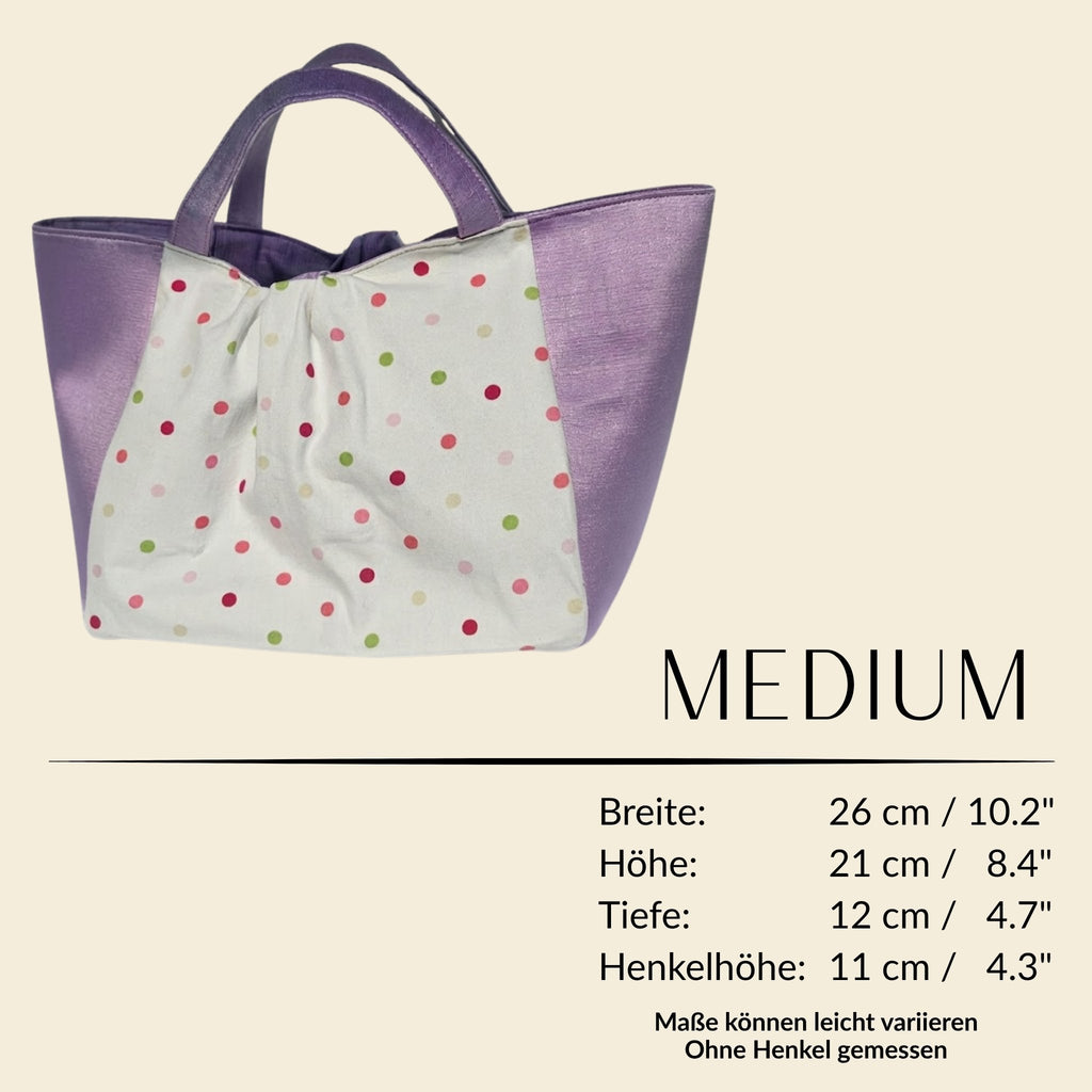 Handgemachte Infinity Tote aus Wien in Flieder mit gepunktetem Stoff – limitierte Designer Tasche

