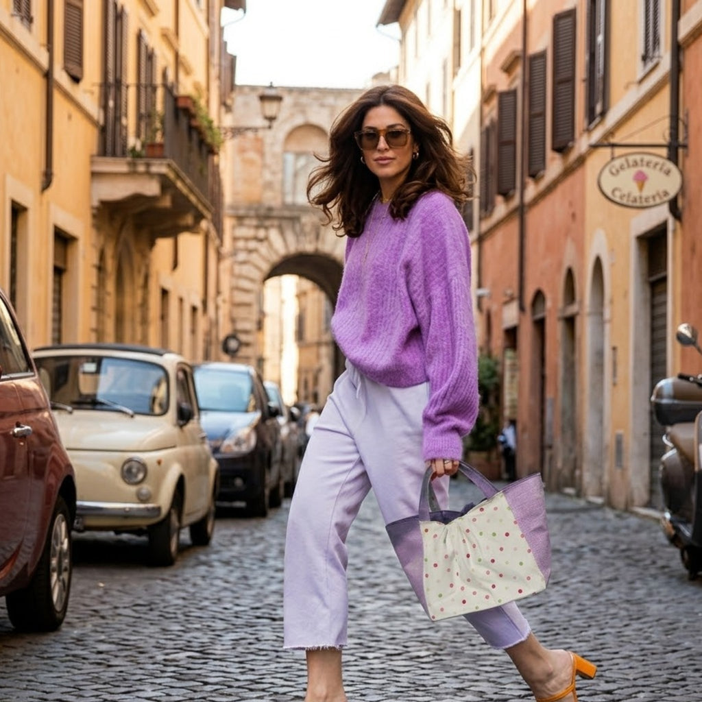 Frau trägt elegante handgemachte Tasche in Flieder mit Punkten – Infinity Tote im urbanen Look

