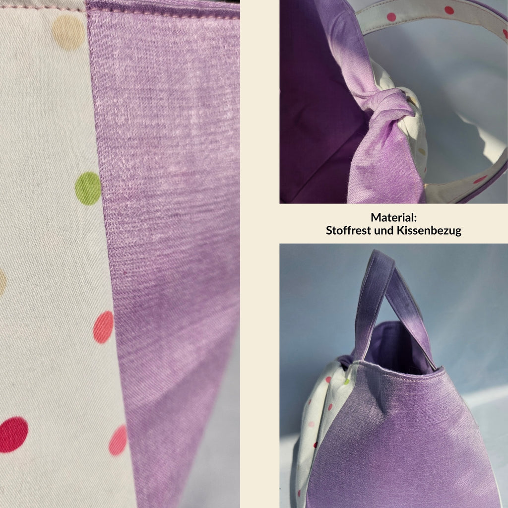 Seitliche Ansicht der Tasche in Flieder mit strukturierter Form und stabilem Boden
Detail der gepolsterten Henkel in Flieder – handgefertigte Tote Bag aus Wien
