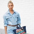Frau trägt handgemachte Infinity Tote aus Wien – moderne Upcycling Tasche im Alltag

