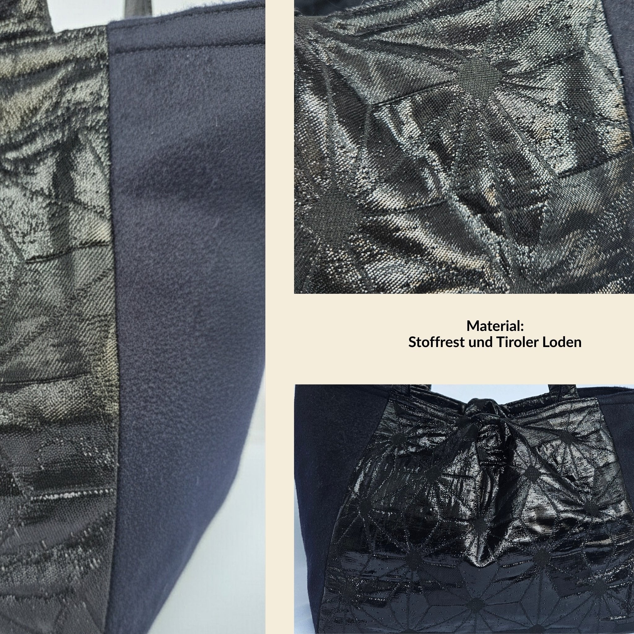 Glänzender schwarzer Stoff mit floraler Struktur – Detail einer handgefertigten Upcycling Tasche

