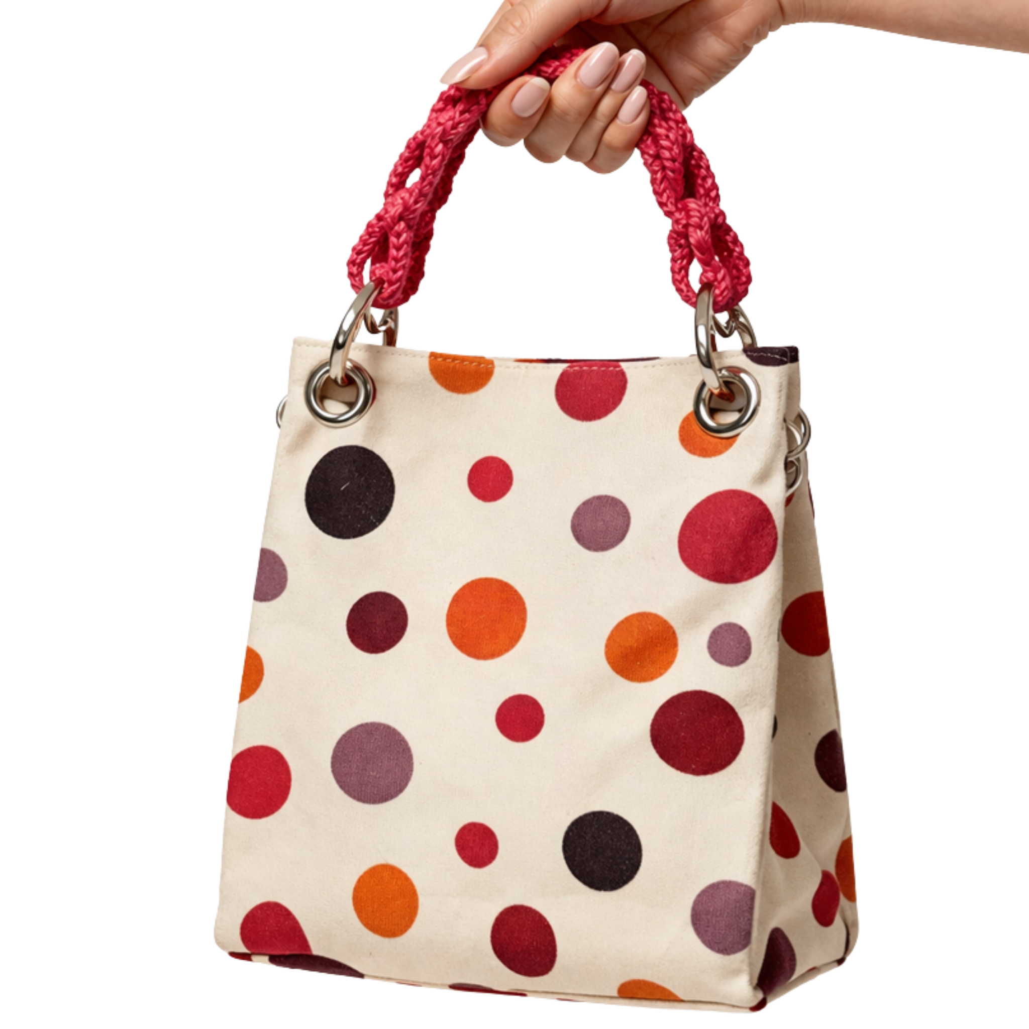 Nachhaltige Designer Tasche aus Wien mit grafischem Punktmuster und handgehäkeltem Henkel – Heritage Atelier Unikat