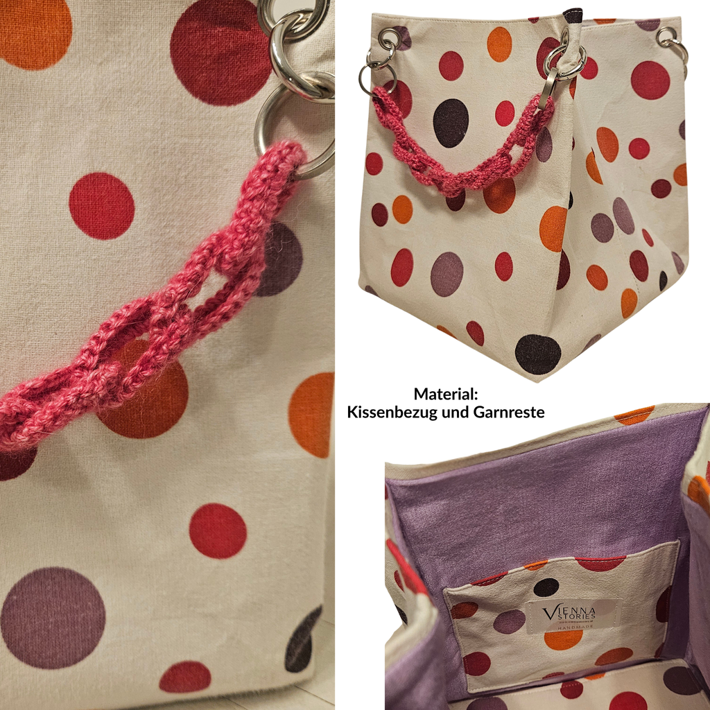 Grafisches Punktmuster auf Upcycling Stoff – nachhaltige Designer Tasche aus Wien mit lebendiger Oberfläche
