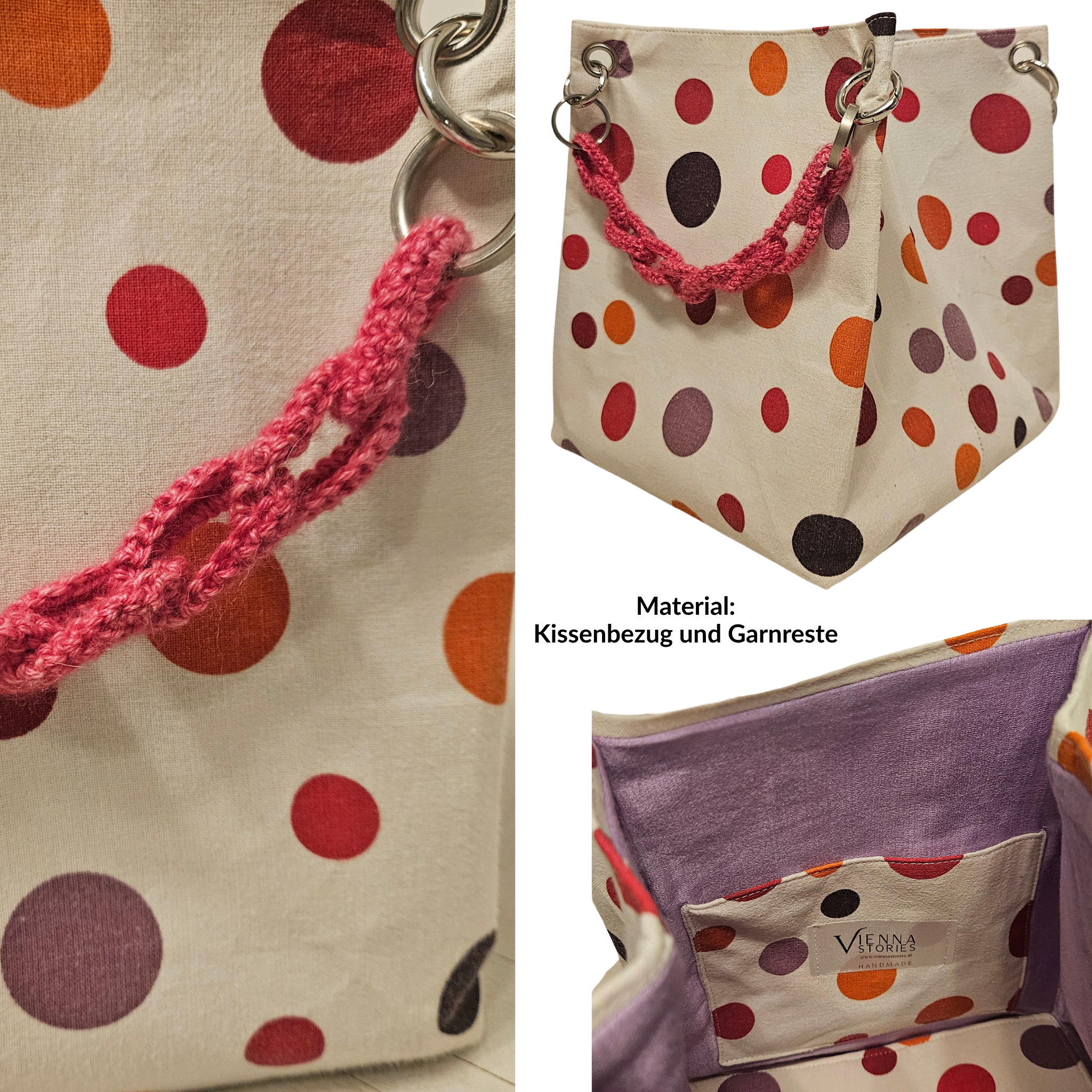 Grafisches Punktmuster auf Upcycling Stoff – nachhaltige Designer Tasche aus Wien mit lebendiger Oberfläche