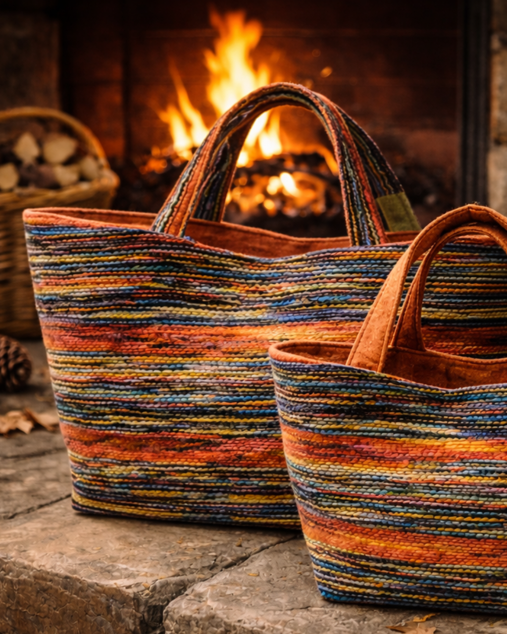 Handgemachte Vienna Loom Tote Bag aus gewebtem Wollstoff mit horizontalen Streifen in warmen Farben, gefertigt in Wien