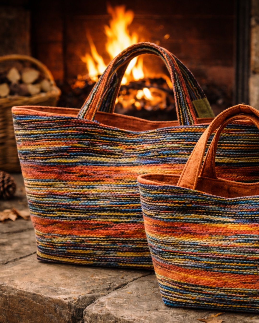 Handgemachte Vienna Loom Tote Bag aus gewebtem Wollstoff mit horizontalen Streifen in warmen Farben, gefertigt in Wien