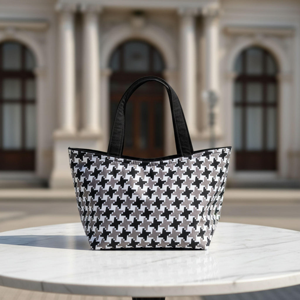 Old Money Tote – Schwarz, Grau & Hahnentritt