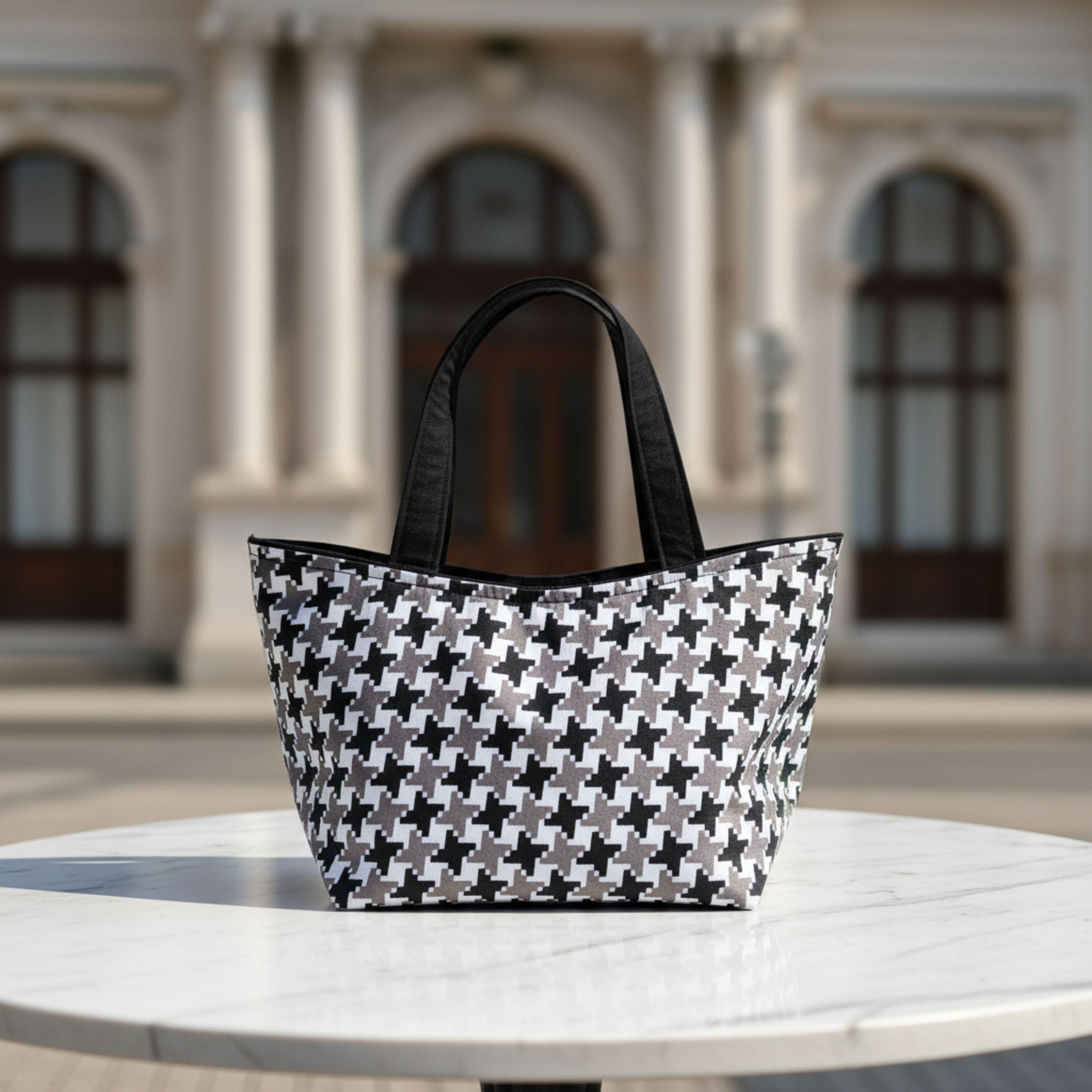 Old Money Tote – Schwarz, Grau & Hahnentritt