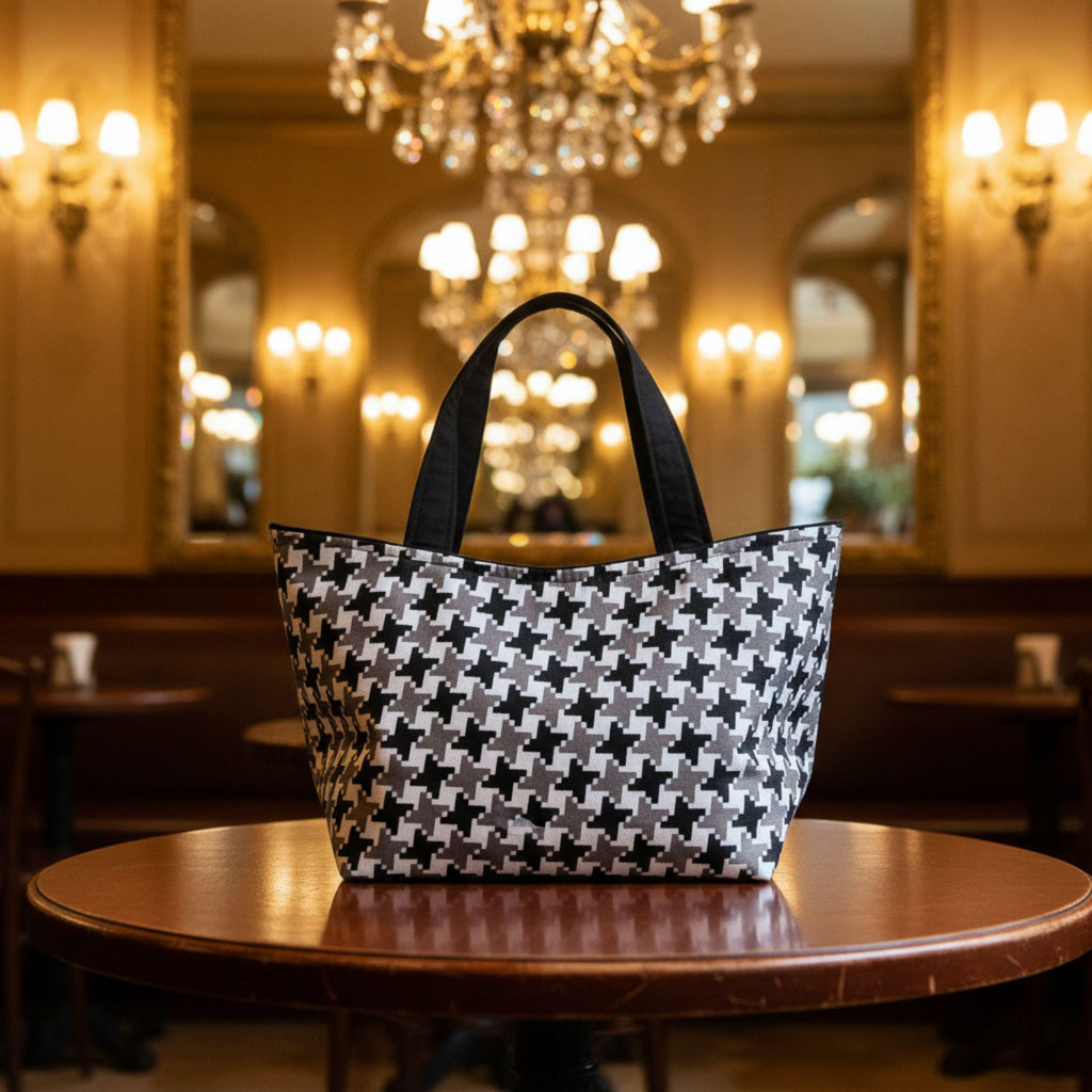 Old Money Tote – Schwarz, Grau & Hahnentritt