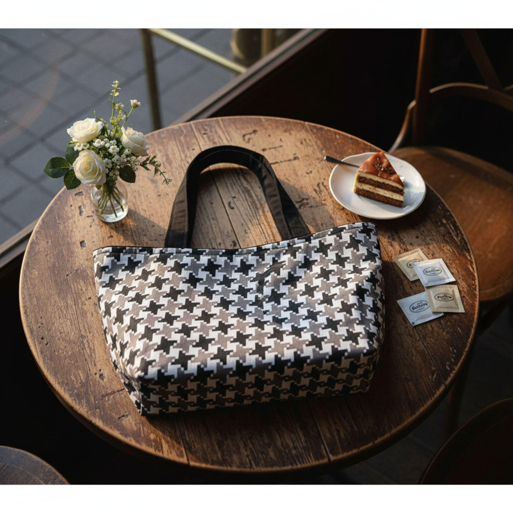 Old Money Tote – Schwarz, Grau & Hahnentritt