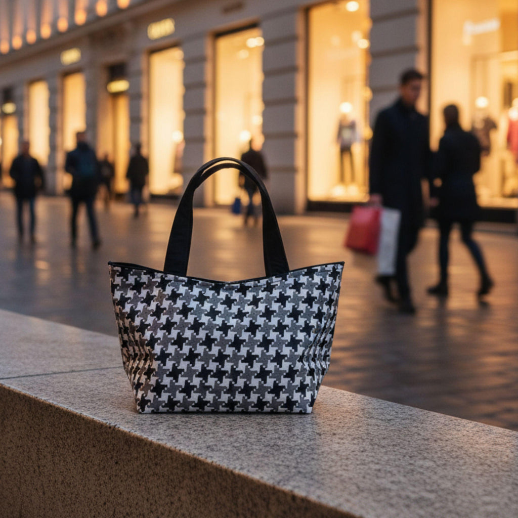 Old Money Tote – Schwarz, Grau & Hahnentritt